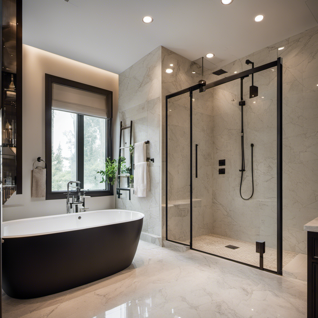 An image showcasing a luxurious, modern bathroom with sleek fixtures, a spacious glass-enclosed shower, elegant marble countertops, and a freestanding bathtub, highlighting the top-notch bathroom remodeling services in York