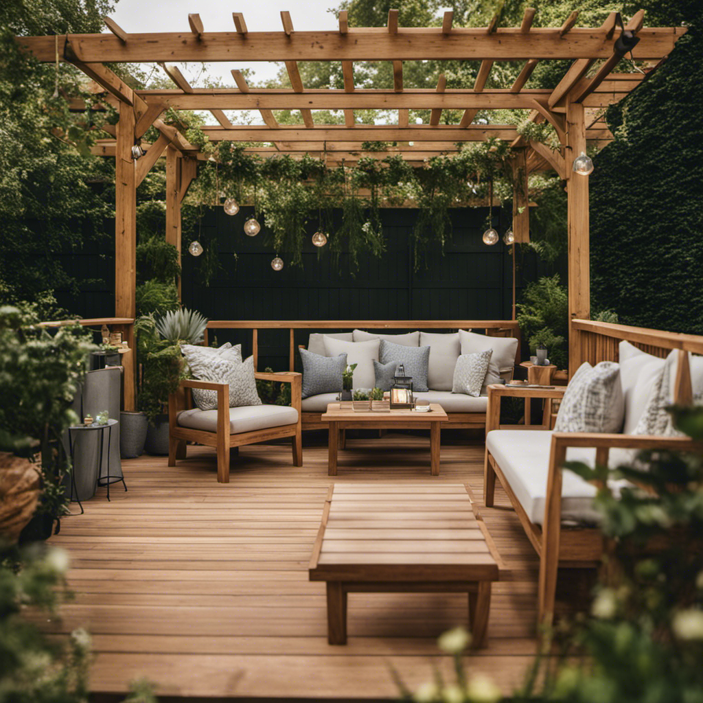 An image showcasing a beautifully crafted wooden deck surrounded by lush greenery, adorned with comfortable outdoor furniture and a stylish pergola, highlighting the top-notch deck and patio construction services in York