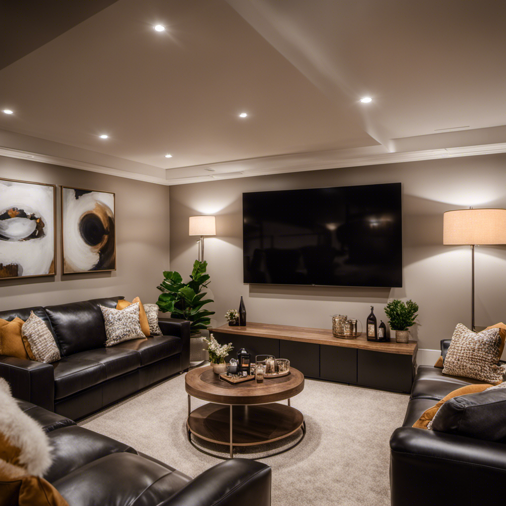 An image showcasing a beautifully transformed basement, complete with cozy seating area, elegant lighting, and modern decor