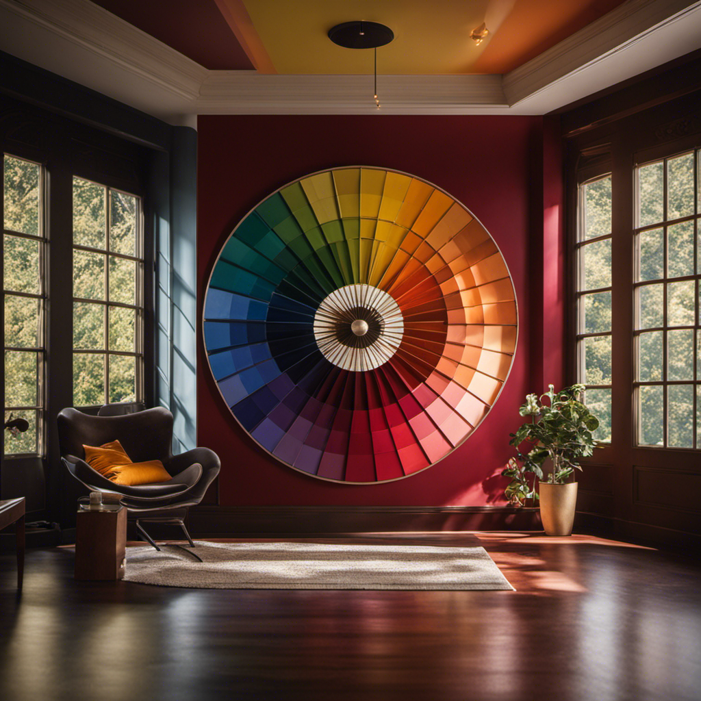 An image of a color wheel against a backdrop of various room settings, showcasing a range of harmonious color schemes