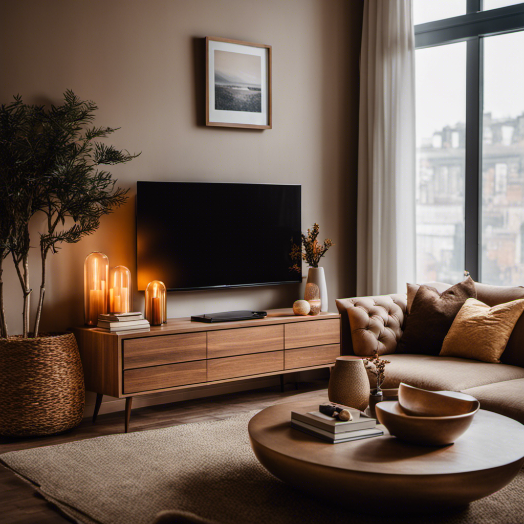 An image showcasing a serene living room with warm earthy tones, soft lighting, and cozy textures