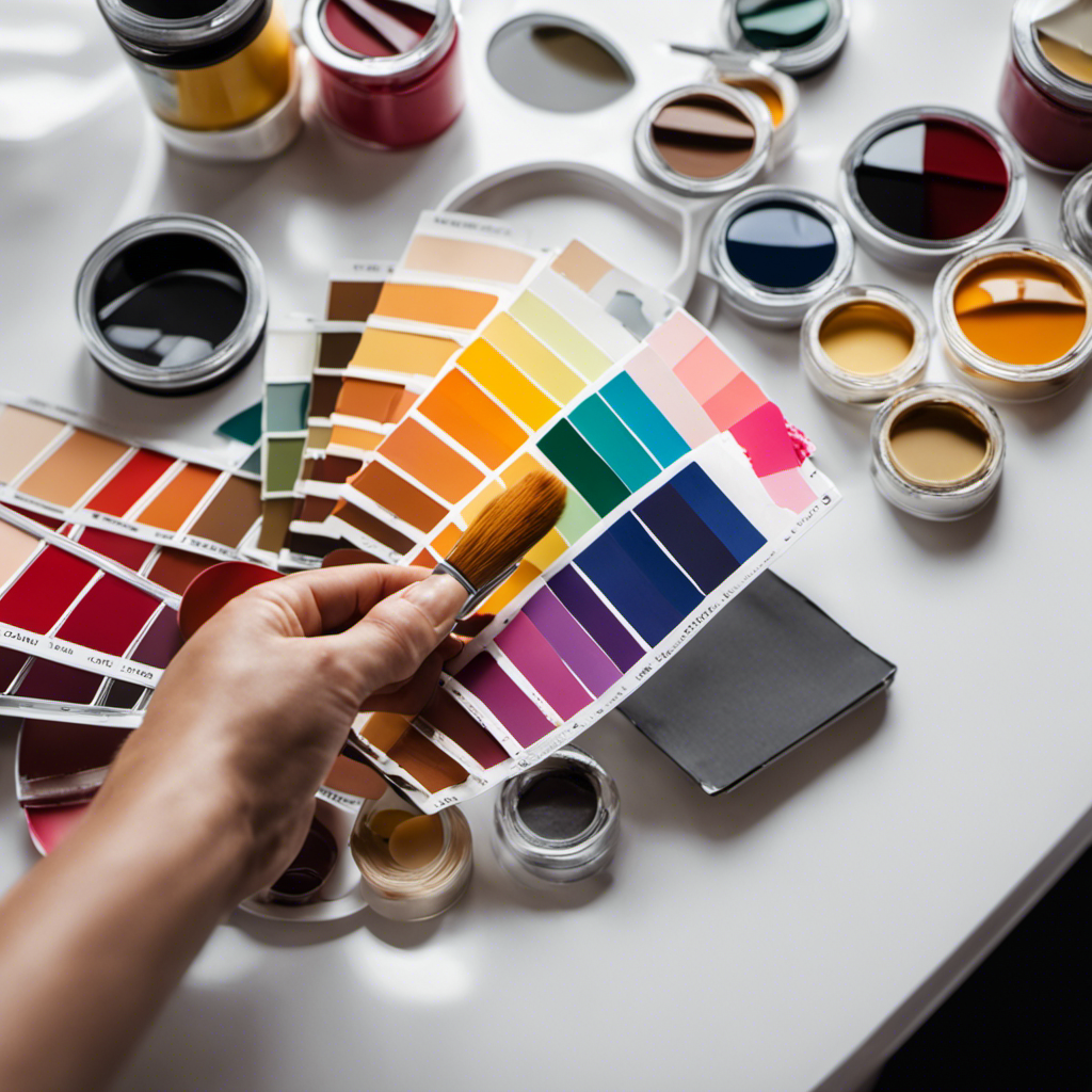 An image capturing a vibrant palette of paint swatches arranged meticulously on a sleek, white table