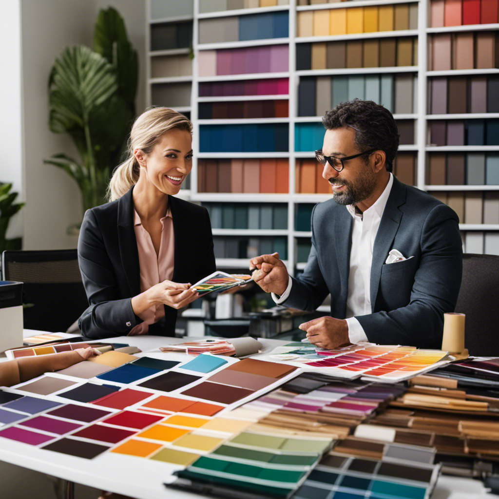 An image showcasing a color consultant and a client engaged in a lively conversation, surrounded by paint swatches, color samples, and design magazines