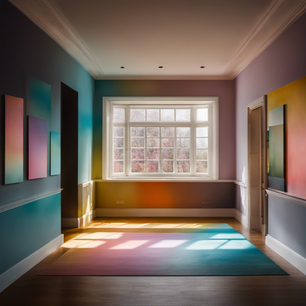 An image capturing a room with multiple walls painted in different hues