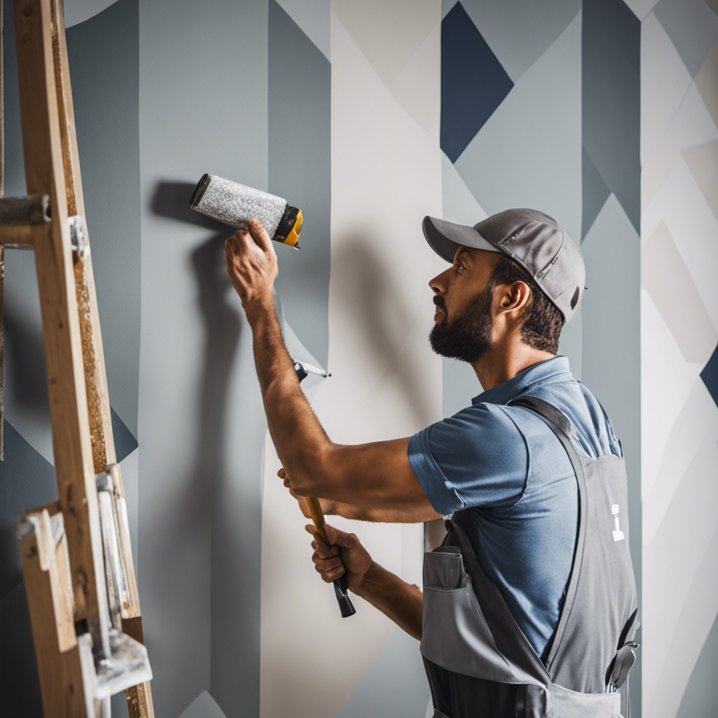 An image showcasing a skilled painting contractor meticulously applying a smooth coat of paint on a wall, while another expert is meticulously hanging beautifully patterned wallpaper, exemplifying top-notch quality in painting and wallpapering services for York homes