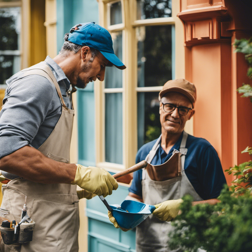 An image showcasing two skilled house painters meticulously applying a fresh coat of vibrant paint on the exterior of a charming York home, capturing their precision and expertise