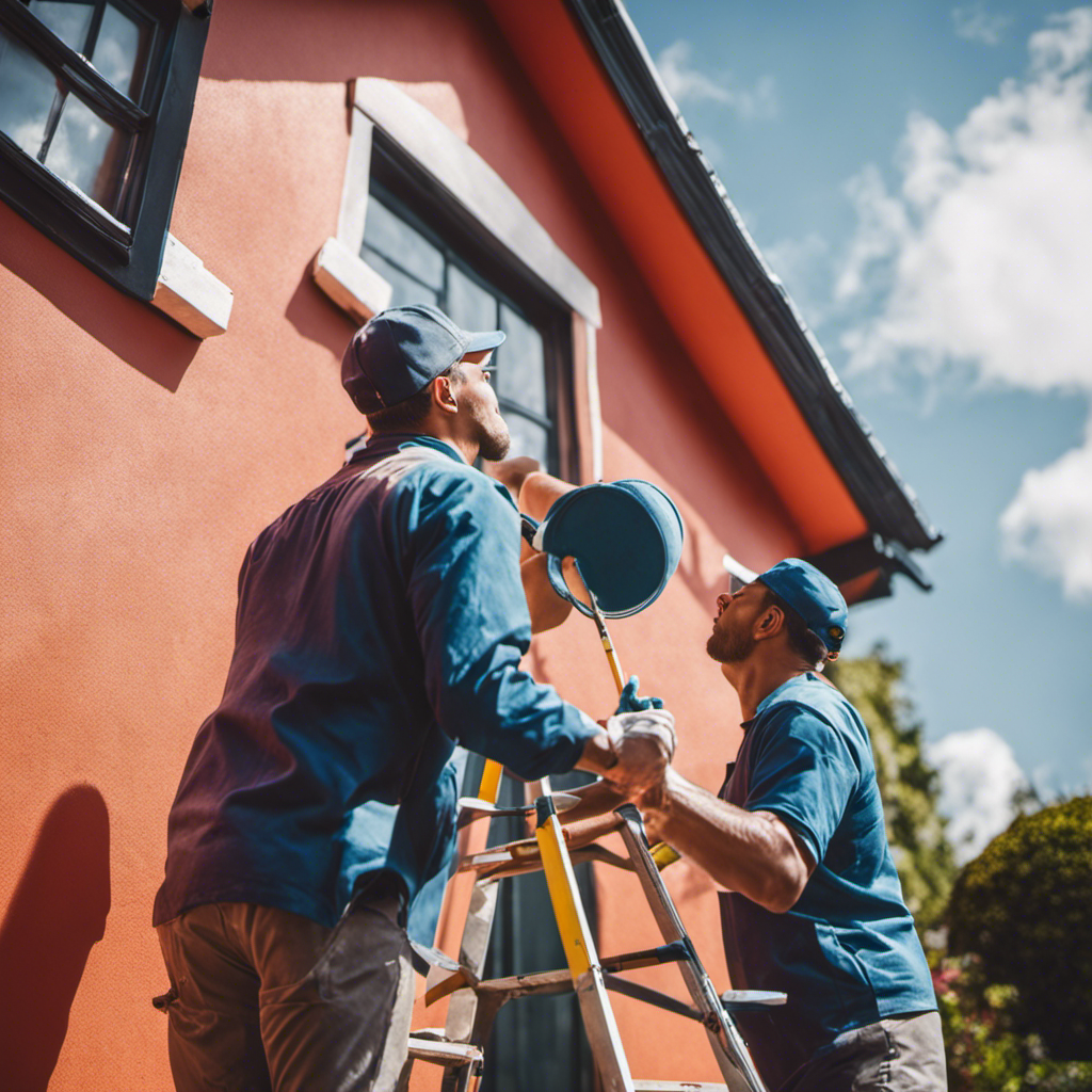 An image showcasing two skilled house painters meticulously applying a fresh coat of vibrant paint on the exterior of a charming York home, capturing their precision and expertise