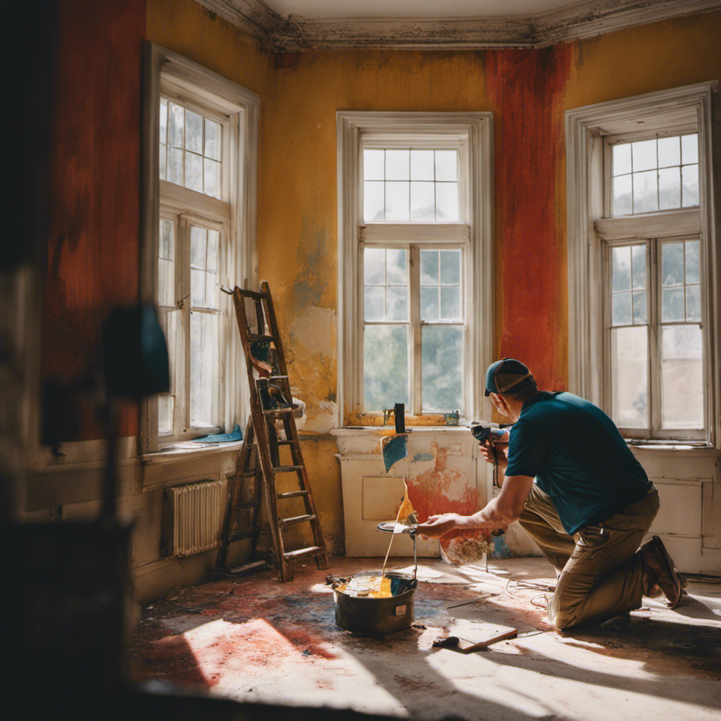 An image showcasing a skilled painting contractor meticulously transforming a worn-out room into a vibrant space, effortlessly blending the perfect shades of paint on the walls, as natural light pours in through large windows