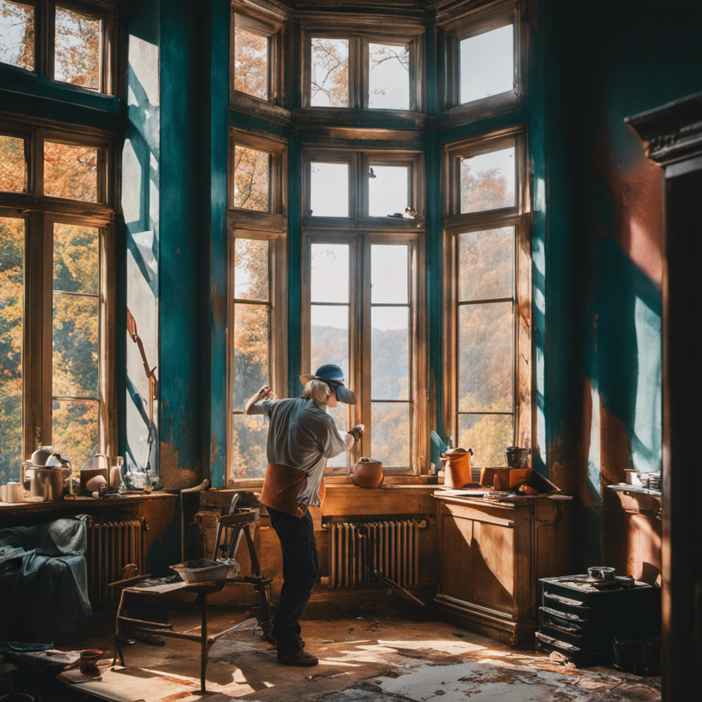 An image showcasing a skilled painting contractor meticulously transforming a worn-out room into a vibrant space, effortlessly blending the perfect shades of paint on the walls, as natural light pours in through large windows