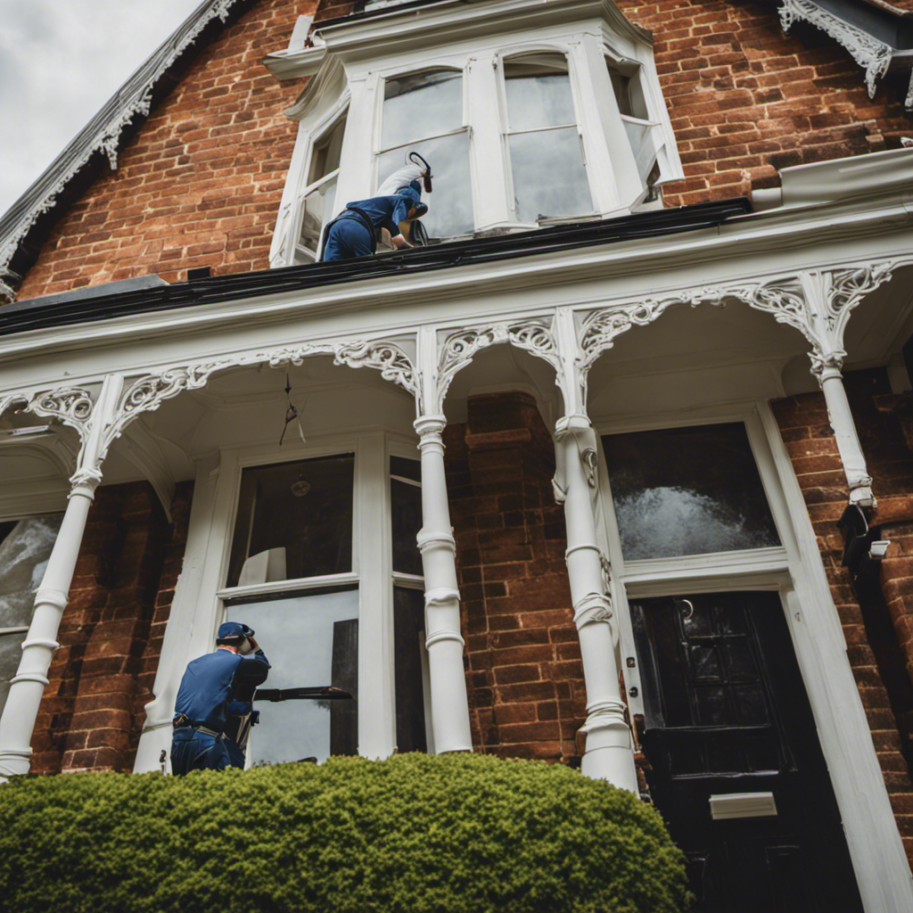 An image showcasing two skilled exterior painting contractors in York, meticulously applying fresh coats of paint to a beautifully maintained Victorian home, with precision and attention to detail