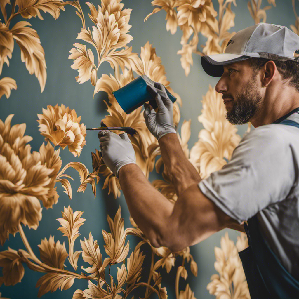 An image showcasing a skilled painting contractor meticulously applying a smooth coat of paint on a wall, while another expert is meticulously hanging beautifully patterned wallpaper, exemplifying top-notch quality in painting and wallpapering services for York homes