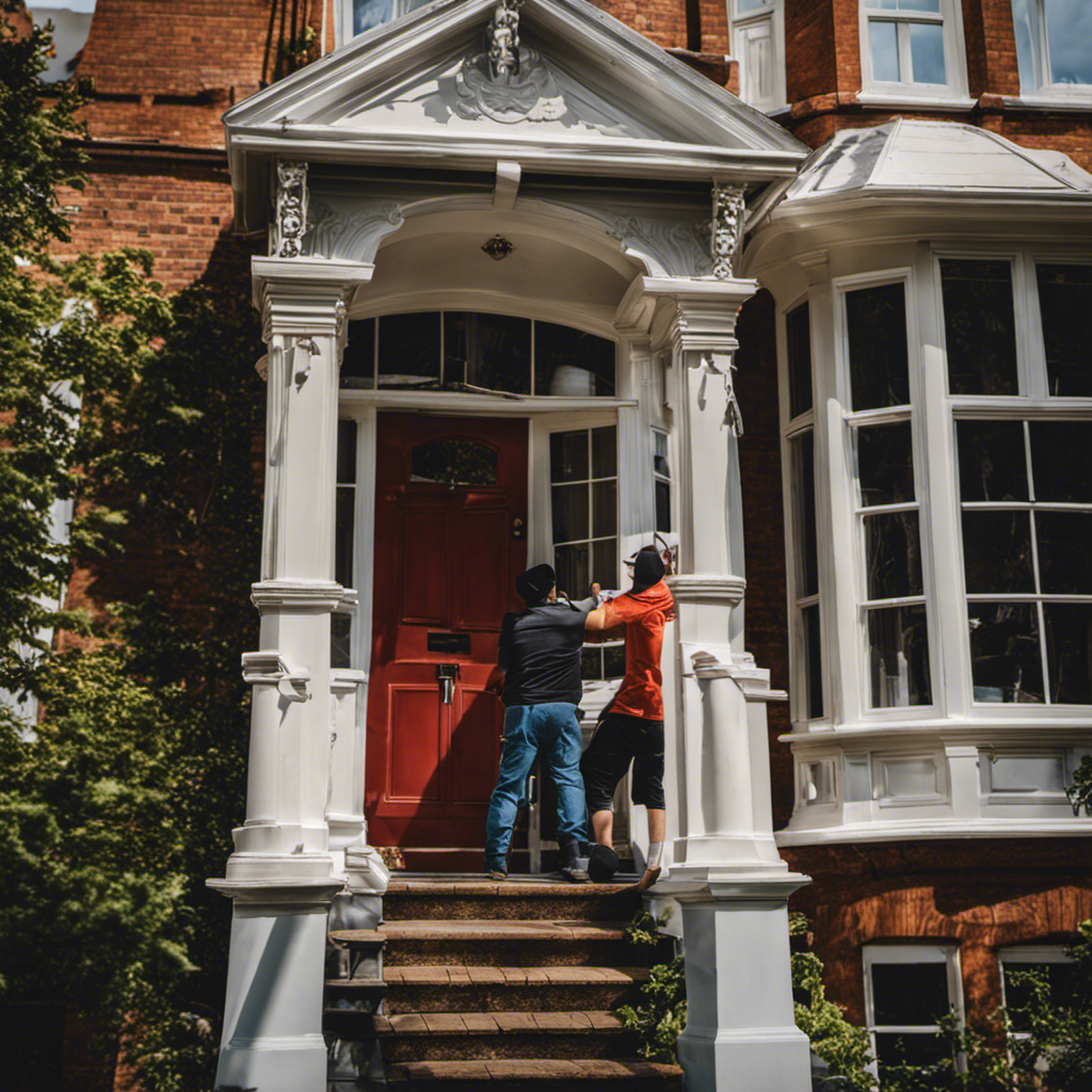 An image showcasing two skilled exterior painting contractors in York, meticulously applying fresh coats of paint to a beautifully maintained Victorian home, with precision and attention to detail