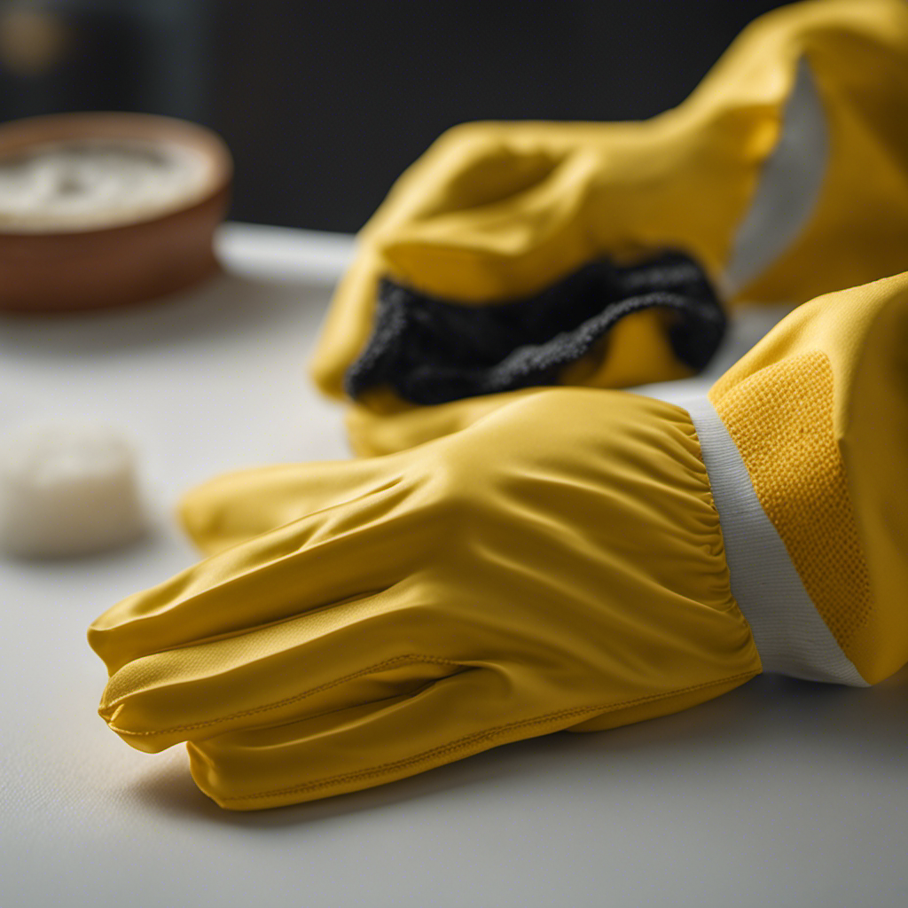 An image showcasing a pair of gloved hands using a microfiber cloth to gently wipe away dust particles from a flawlessly painted surface, revealing its immaculate shine and smoothness in every stroke