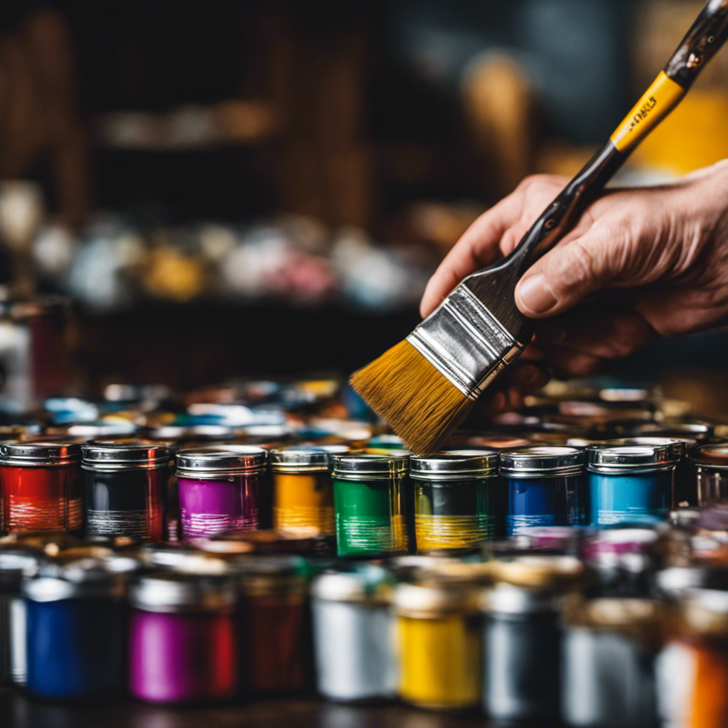 An image capturing the intricate process of a painter's hand delicately selecting the ideal paintbrush amidst an array of vibrant, high-quality paint cans, showcasing the importance of choosing the right paint and tools for achieving a flawless painting finish in York