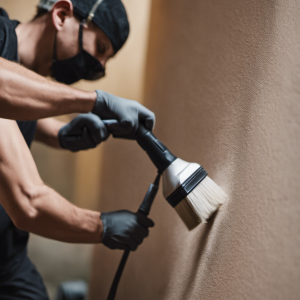 An image showcasing a painter meticulously sanding a surface, followed by a close-up of a flawlessly primed and smooth wall, ready for the final layers of paint