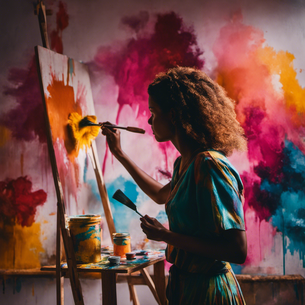  the essence of vibrant creativity in interiors with an image of a skillful local painter gracefully brushing vibrant strokes of color on a wall, transforming a dull space into a captivating masterpiece