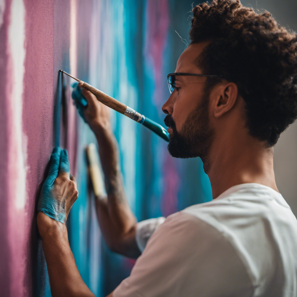 An image showcasing a skilled painter meticulously applying the final coat of paint to a freshly prepared wall, exhibiting flawless brushstrokes, vibrant colors, and exquisite attention to detail