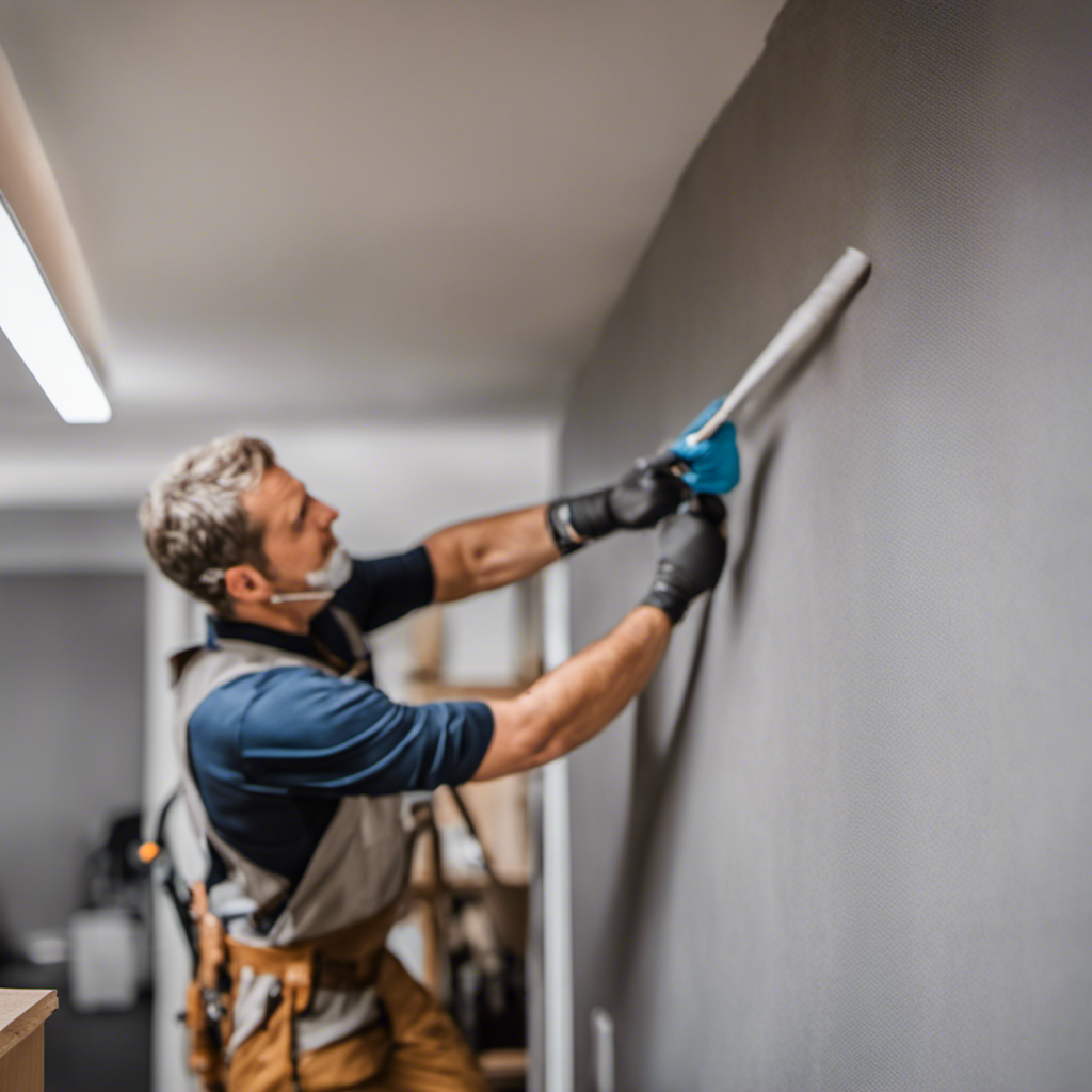 An image depicting a skilled wallpaper installer in York, meticulously applying a clear, protective sealant to the edges of flawlessly installed wallpaper, showcasing the expert technique of finishing and sealing