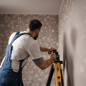 An image showcasing a skilled wallpaper installer in York smoothly applying wallpaper onto a perfectly primed wall, using precision tools, a smooth roller, and ensuring seamless edges and flawless, bubble-free finish