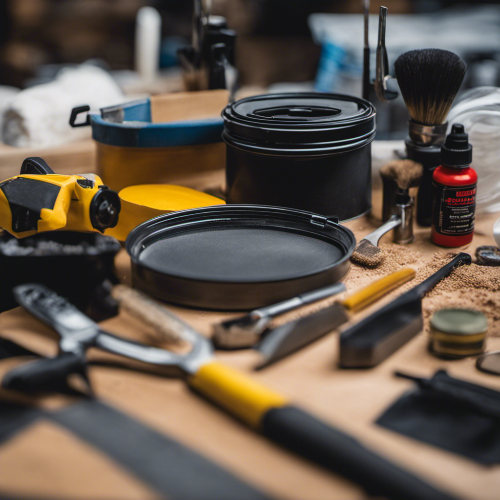 An image showcasing a variety of tools and equipment essential for surface preparation, such as sandpaper, putty knives, safety goggles, dust masks, and a paint roller tray