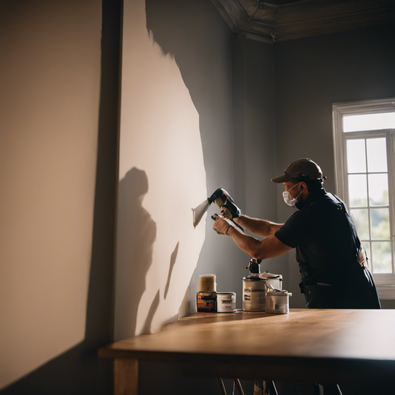 An image showcasing a well-lit room with a painter meticulously sanding the walls, followed by close-ups of filling cracks, priming the surface, and taping edges, leading to a perfectly smooth and flawless finish