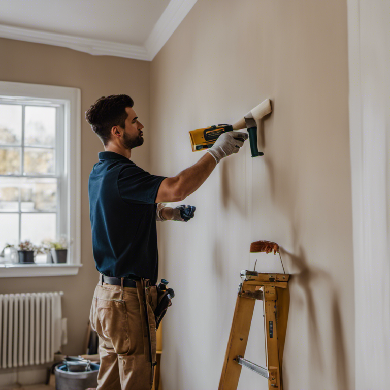 An image showcasing a painter skillfully applying a smooth coat of paint on a wall, surrounded by a neat and organized toolkit, while a satisfied homeowner examines the flawless finish in York