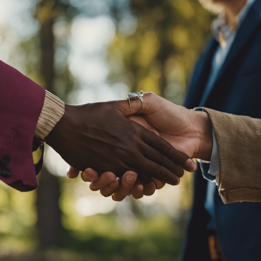  Create an image showcasing two individuals engaged in a conversation, examining color swatches, and shaking hands, emphasizing effective communication and agreement during the hiring process