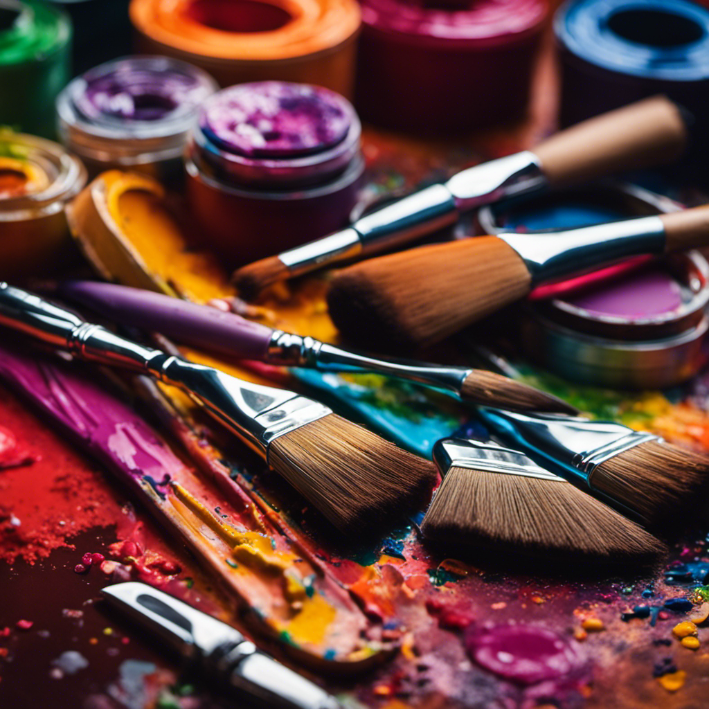 An image of a neatly organized painter's toolkit, featuring high-quality brushes, paint rollers, and painter's tape, all set against a backdrop of vibrant paint colors