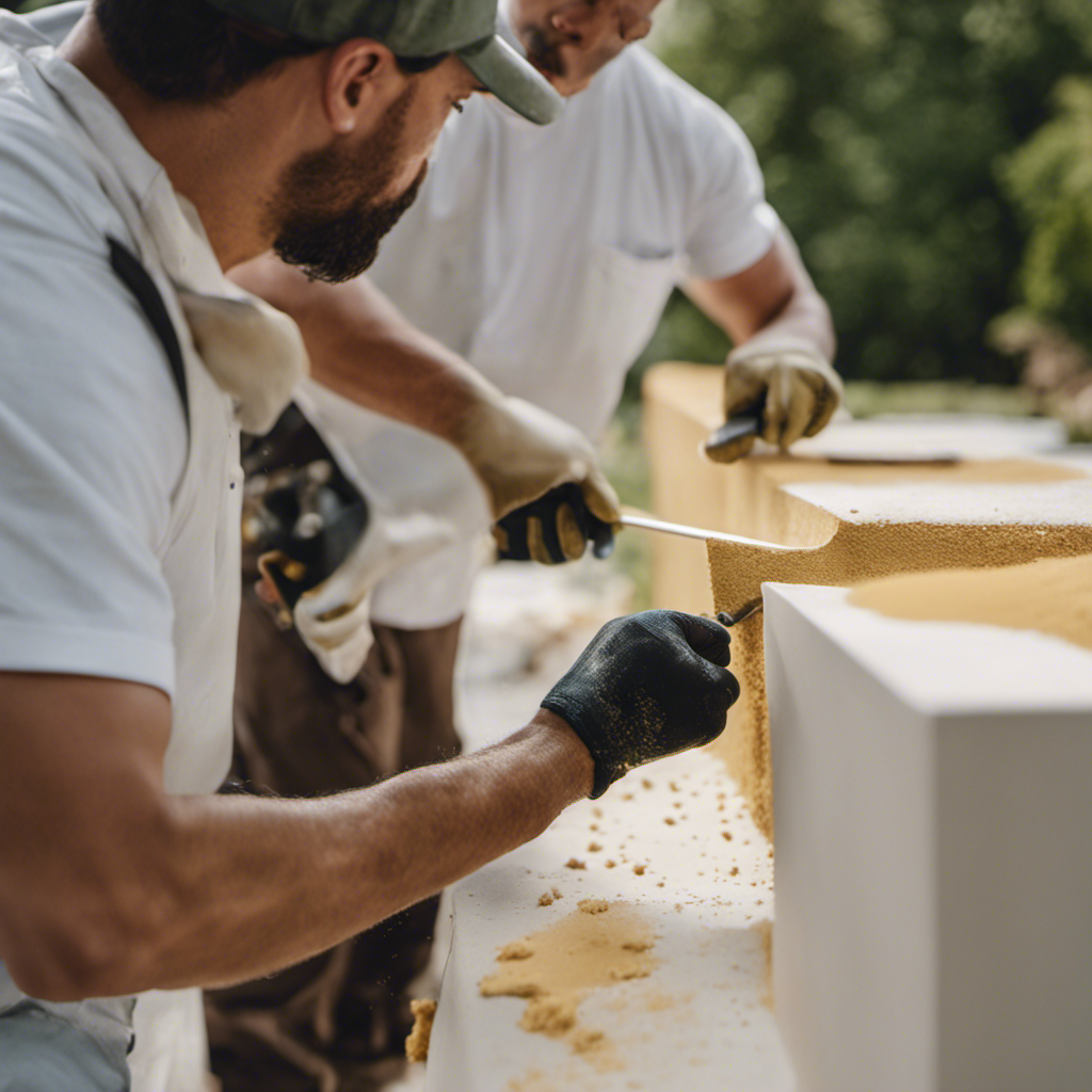 An image showcasing a painter using a sanding block to smooth the walls, while another painter fills cracks and holes with putty