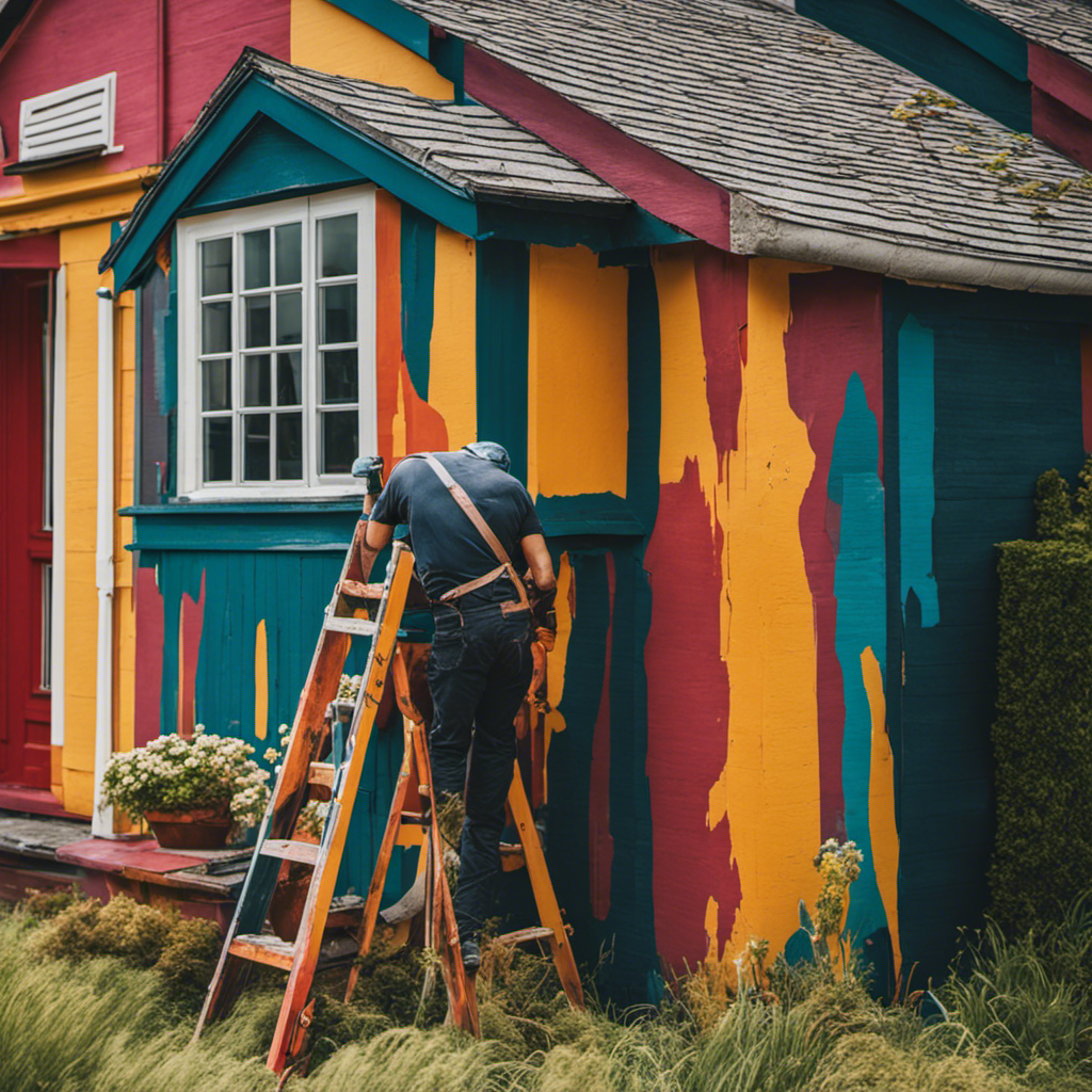 An image showcasing a skilled painter applying a fresh coat of vibrant paint to a weathered house exterior