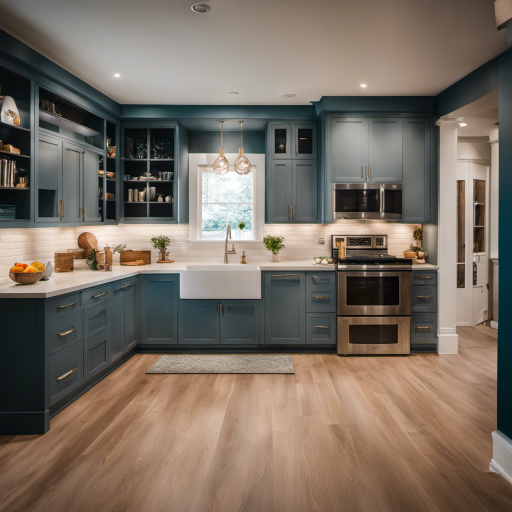 An image showcasing a variety of home renovation services in York, featuring a skilled carpenter meticulously crafting custom cabinets, a team of painters transforming a room with vibrant colors, and a skilled electrician installing state-of-the-art lighting fixtures