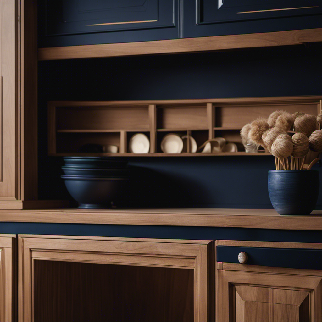 An image showcasing a beautifully transformed kitchen cabinet: a skillful craftsman meticulously sands the wooden surface, preparing it for a flawless coat of rich navy blue paint, exuding elegance and sophistication