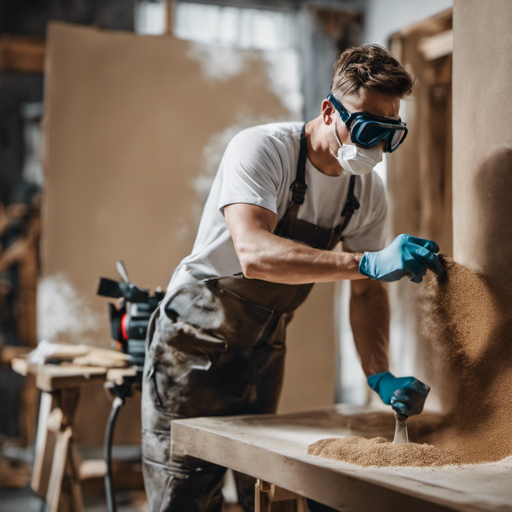 An image showcasing a painter meticulously sanding a wall, removing imperfections, while wearing protective goggles and a dust mask