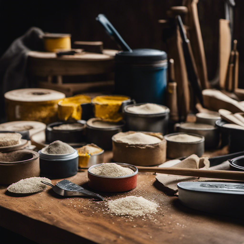 An image showcasing a collection of tools and materials required for detailed surface preparation in York, including sandpaper of various grits, wood filler, putty knife, masking tape, drop cloths, and a paint scraper