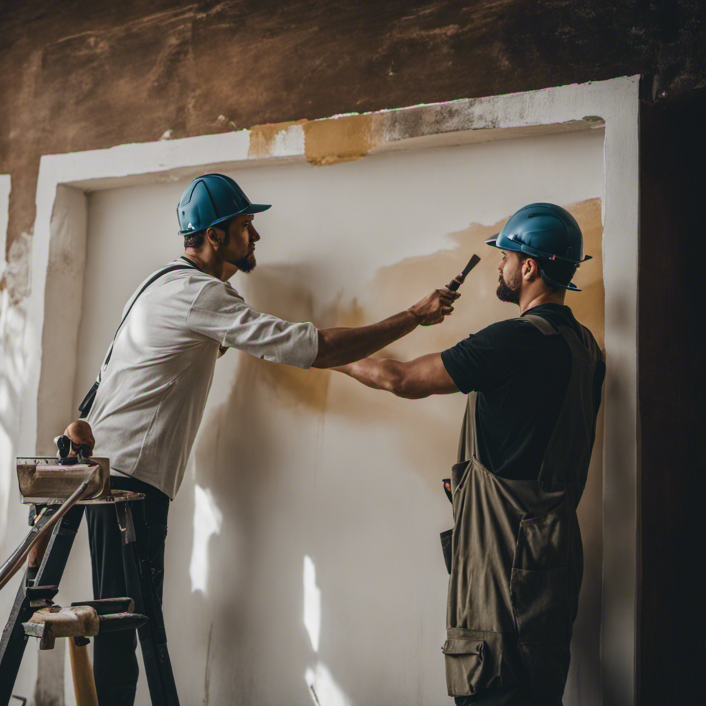 An image of a painter meticulously sanding a wall, removing all imperfections, while another painter watches and points out common mistakes to avoid during surface preparation