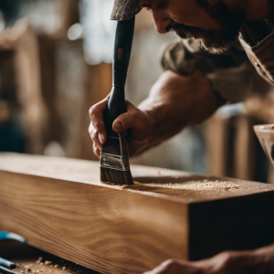 An image showcasing a close-up of a painter meticulously sanding a wooden surface, removing imperfections and ensuring a smooth finish