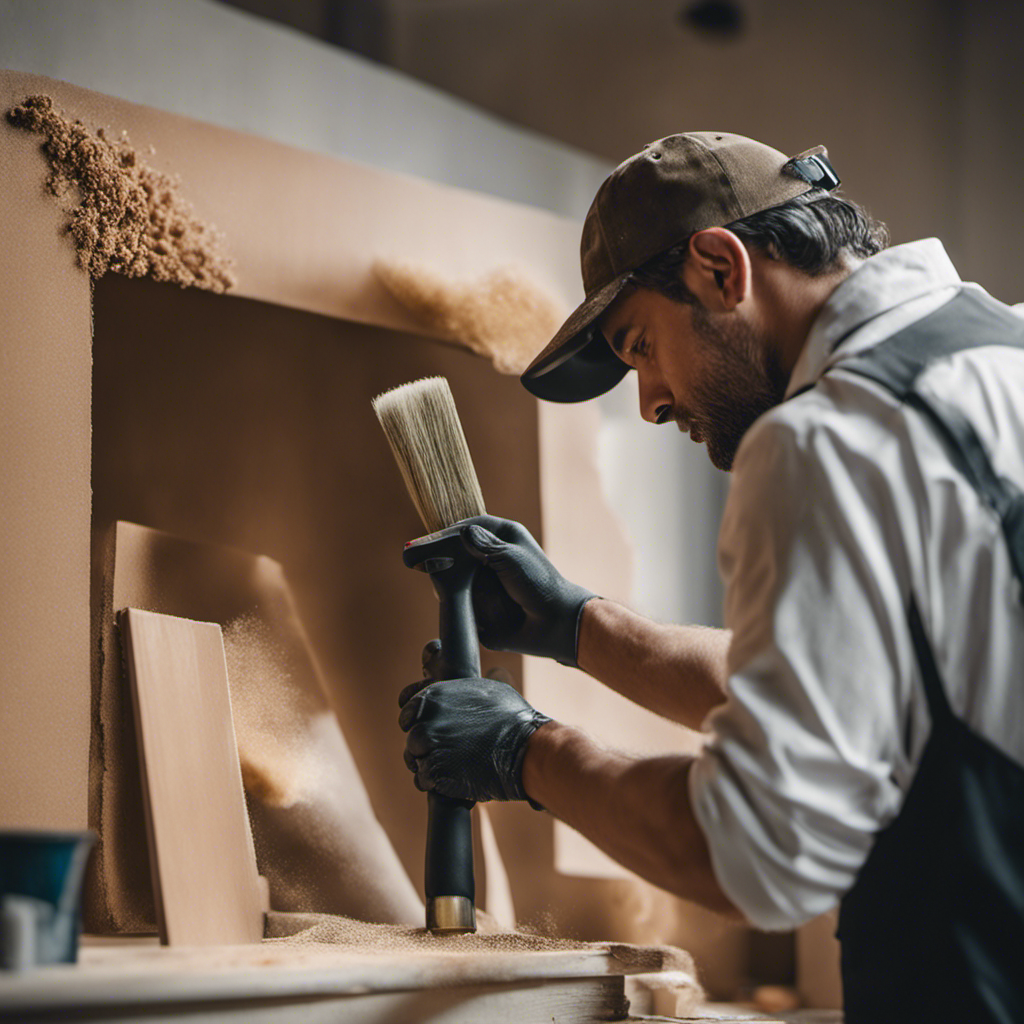 An image showcasing a painter meticulously sanding a wall, removing imperfections, while surrounded by a variety of high-quality sanding tools and materials, highlighting the importance of surface preparation for achieving a flawless painting finish