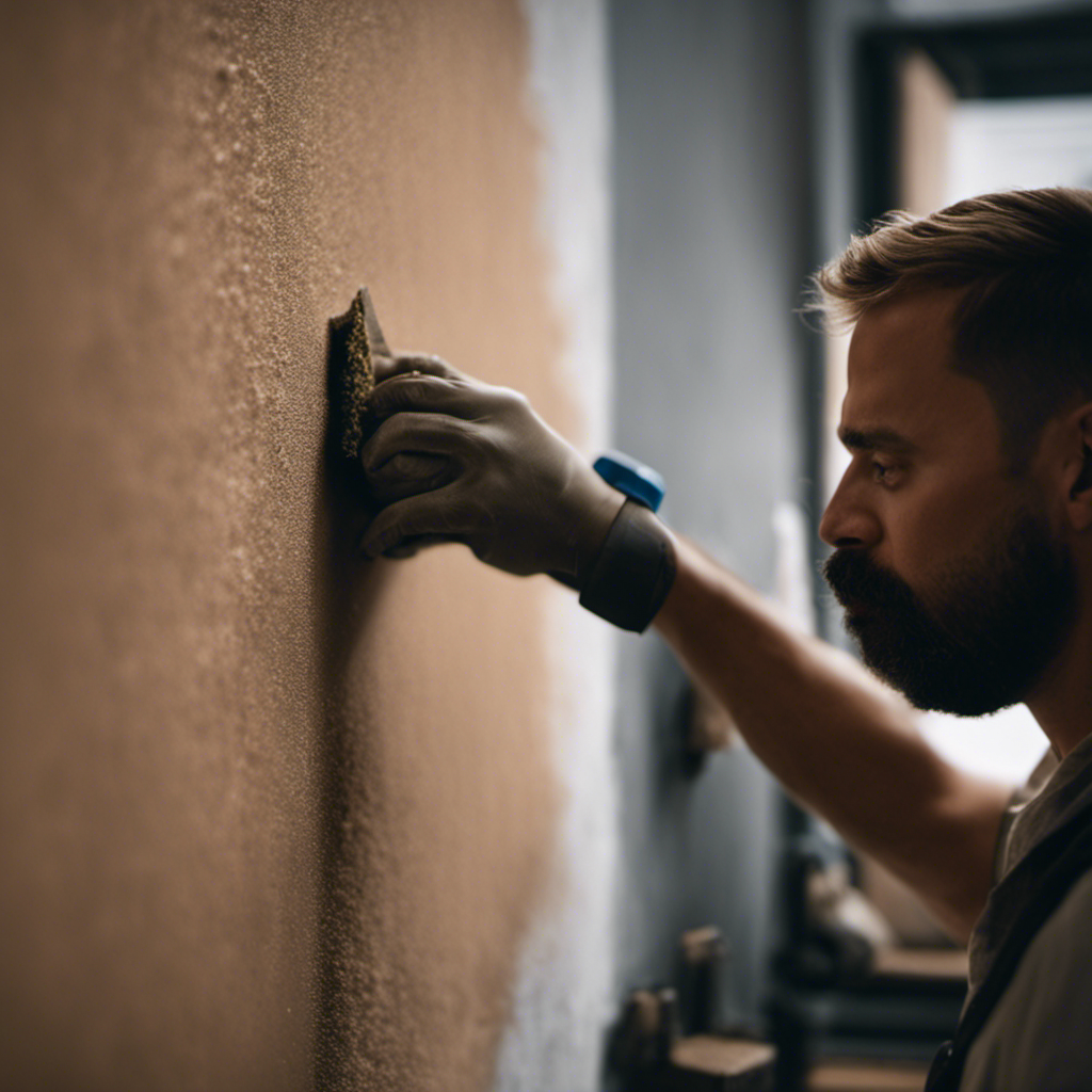 An image showcasing a painter meticulously sanding a wall, using a fine-grit sandpaper to achieve a flawlessly smooth surface