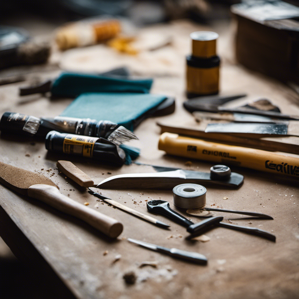  Create an image showcasing a workshop table in York, filled with an array of professional tools such as sandpaper, scrapers, putty knives, and masking tape, highlighting the importance of proper surface preparation for achieving a flawless painting finish