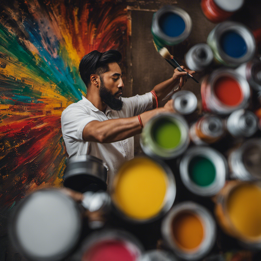 An image showcasing a skilled painter meticulously applying brush strokes to a blank wall, surrounded by vibrant paint cans and an assortment of decorative elements, breathing life into a dull interior space