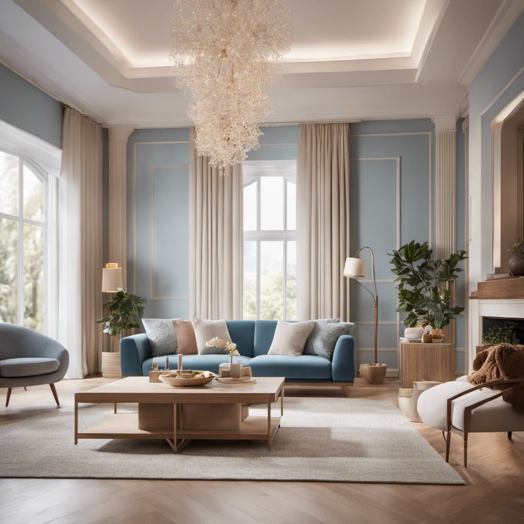 An image showcasing a spacious, airy living room with a high ceiling, adorned in a harmonious color scheme of soft pastel blues, complemented by accents of warm earth tones