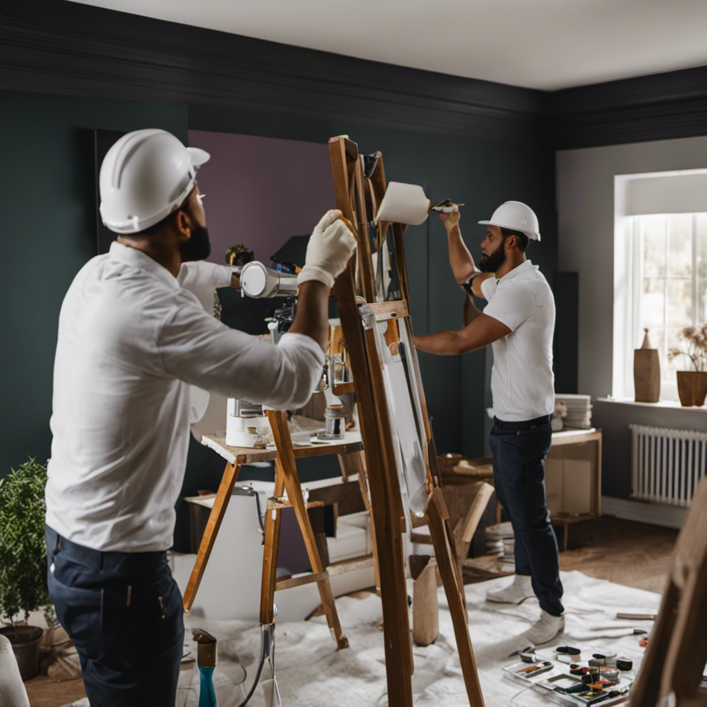 An image showcasing a team of skilled painters and decorators in action, meticulously transforming a living room with fresh coats of paint, intricate wallpapering, and intricate detail work, enhancing the overall ambiance of the space