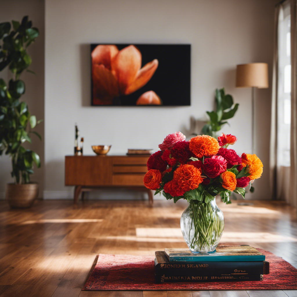 An image showcasing a serene living room bathed in warm, natural light, with freshly painted walls adorned in a rich, velvety shade