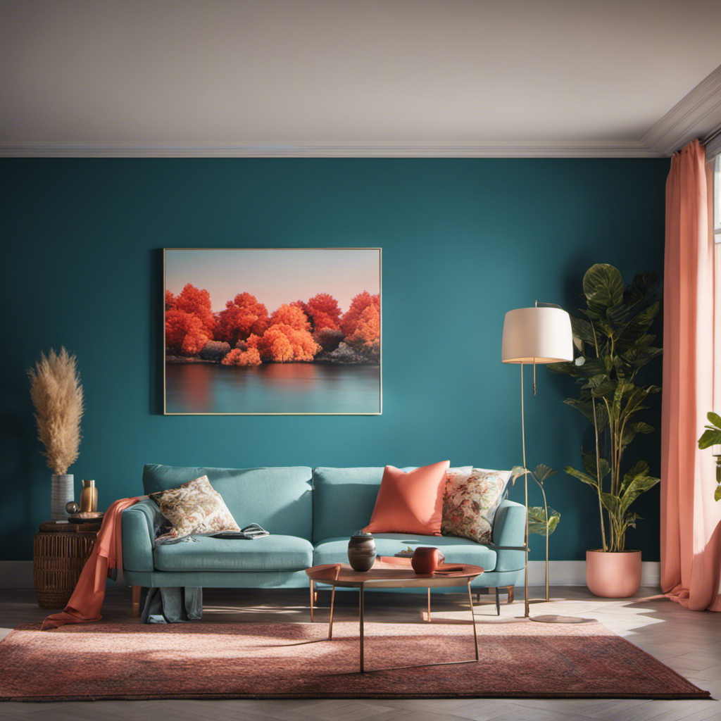 An image showcasing a vibrant living room with walls painted in a soothing ocean blue, complemented by a contrasting coral accent wall