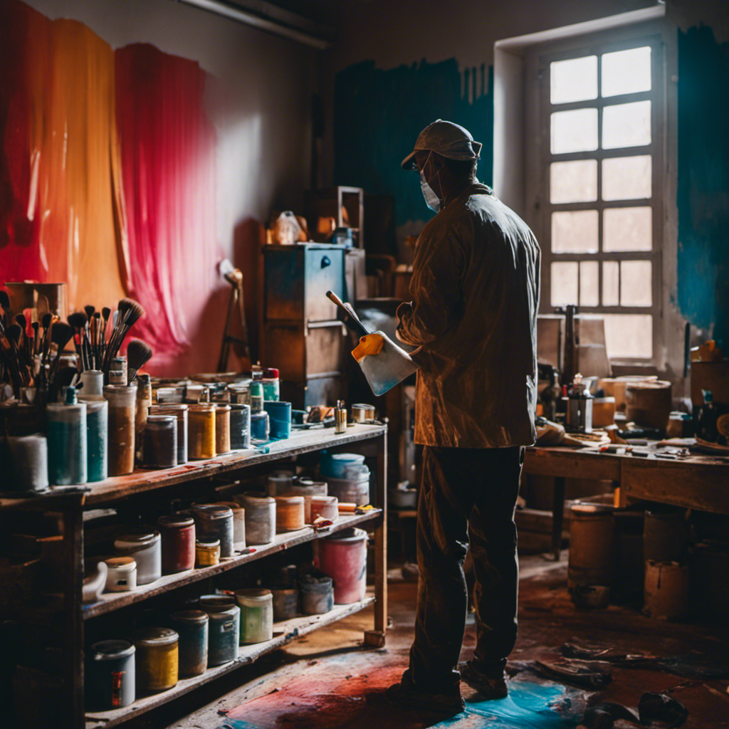 Nt image showcasing a neatly organized room, with furniture covered in protective plastic sheets, walls delicately sanded and primed, brushes and paint cans lined up meticulously, and a painter standing ready with a palette of colors