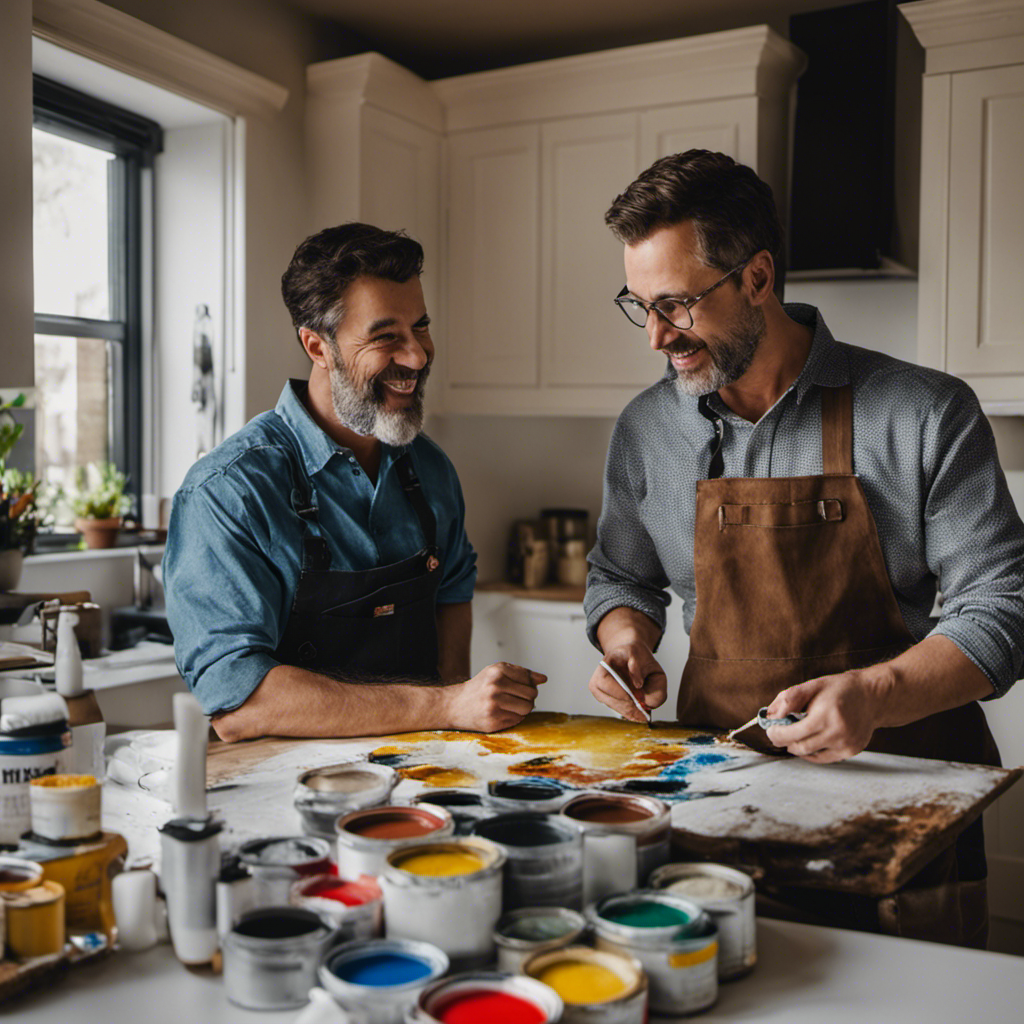 An image showcasing a homeowner in York discussing painting options with a professional painter, emphasizing cost-saving techniques like DIY prep work, selecting affordable paint brands, and negotiating payment plans