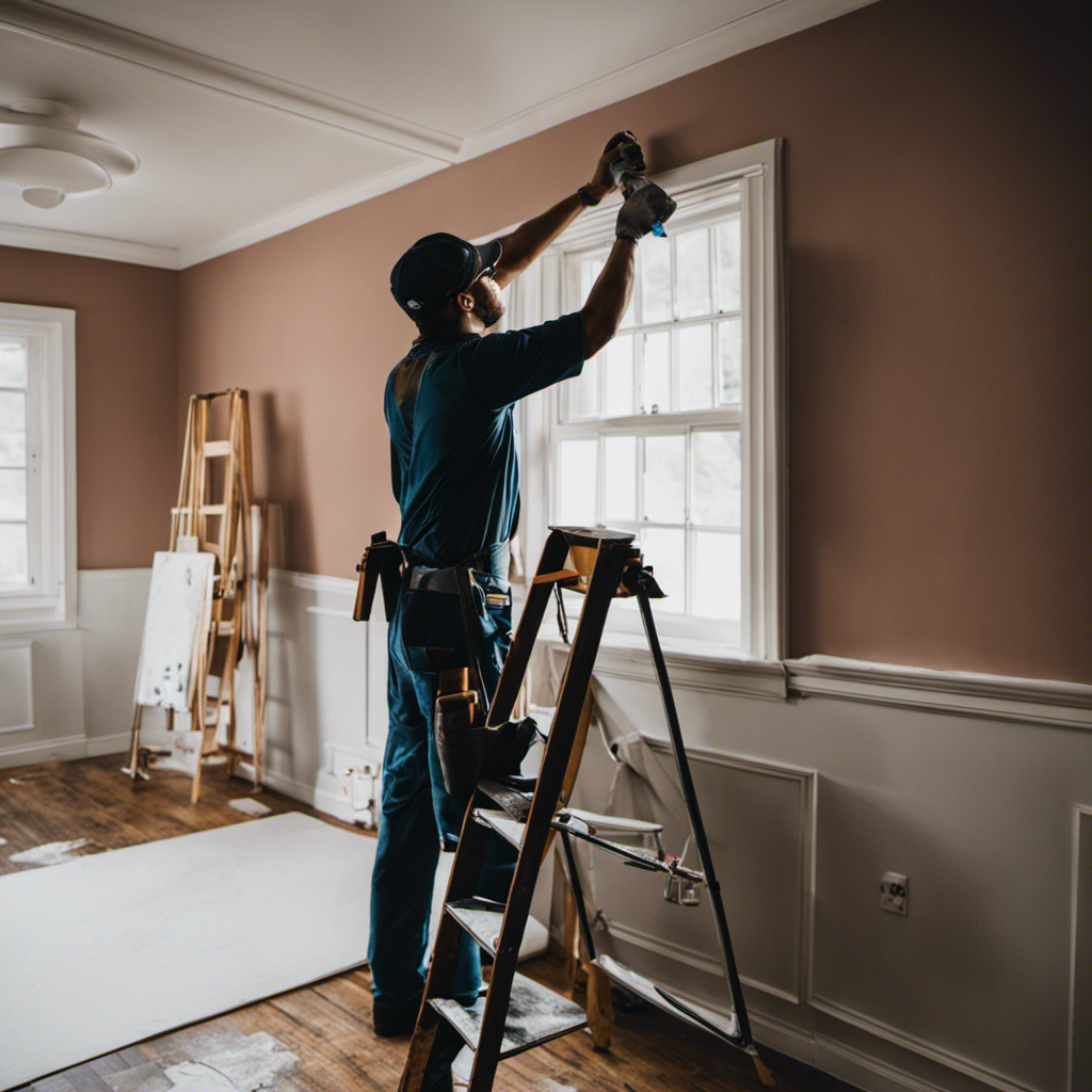 An image showcasing a skilled painter effortlessly transforming a room using cost-effective techniques like prepping, priming, and using high-quality but affordable paint, exemplifying savvy ways to save money on professional painting services in York