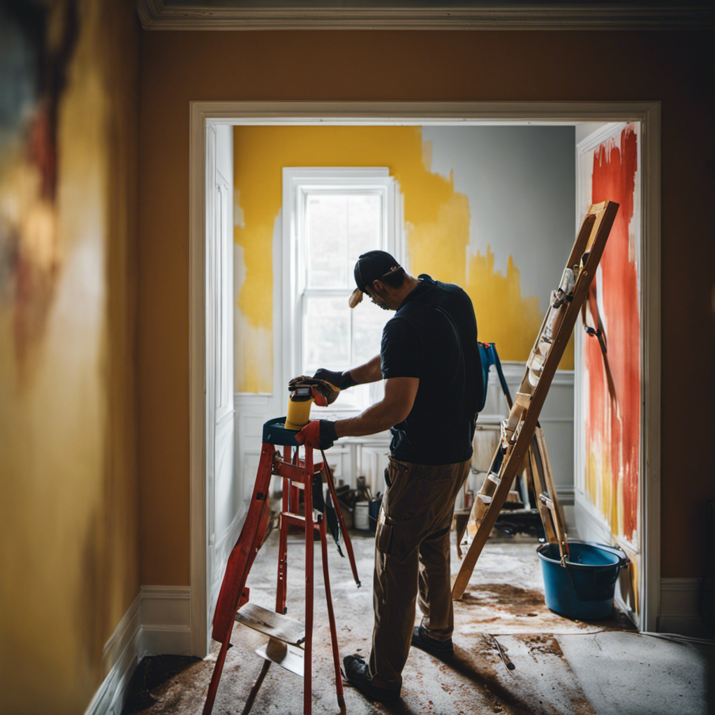 An image showcasing a painter meticulously applying a fresh coat of paint to a room using inexpensive tools, highlighting the use of innovative techniques like sponge painting and stenciling for a cost-effective home makeover