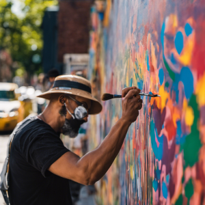 An image showcasing a local artist painting a colorful mural on a York city wall, while surrounded by a vibrant palette of budget-friendly paints, brushes, and other affordable painting tools