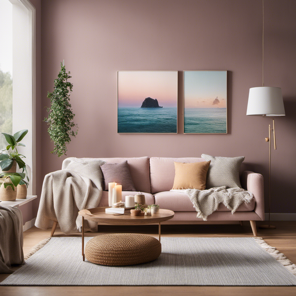 An image featuring a cozy living room with soft pastel walls, showcasing budget-friendly paint colors like "Soothing Sea" in the bedroom, "Warm Caramel" in the kitchen, and "Misty Mauve" in the bathroom